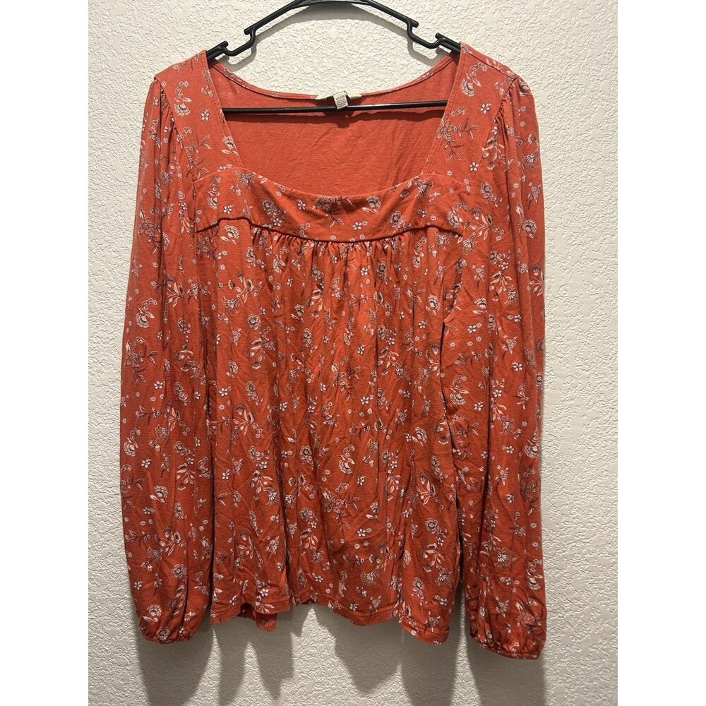 Lucky Brand Baby Doll Top Size XXL Baked Apple Floral Boho Long Sleeve Modal